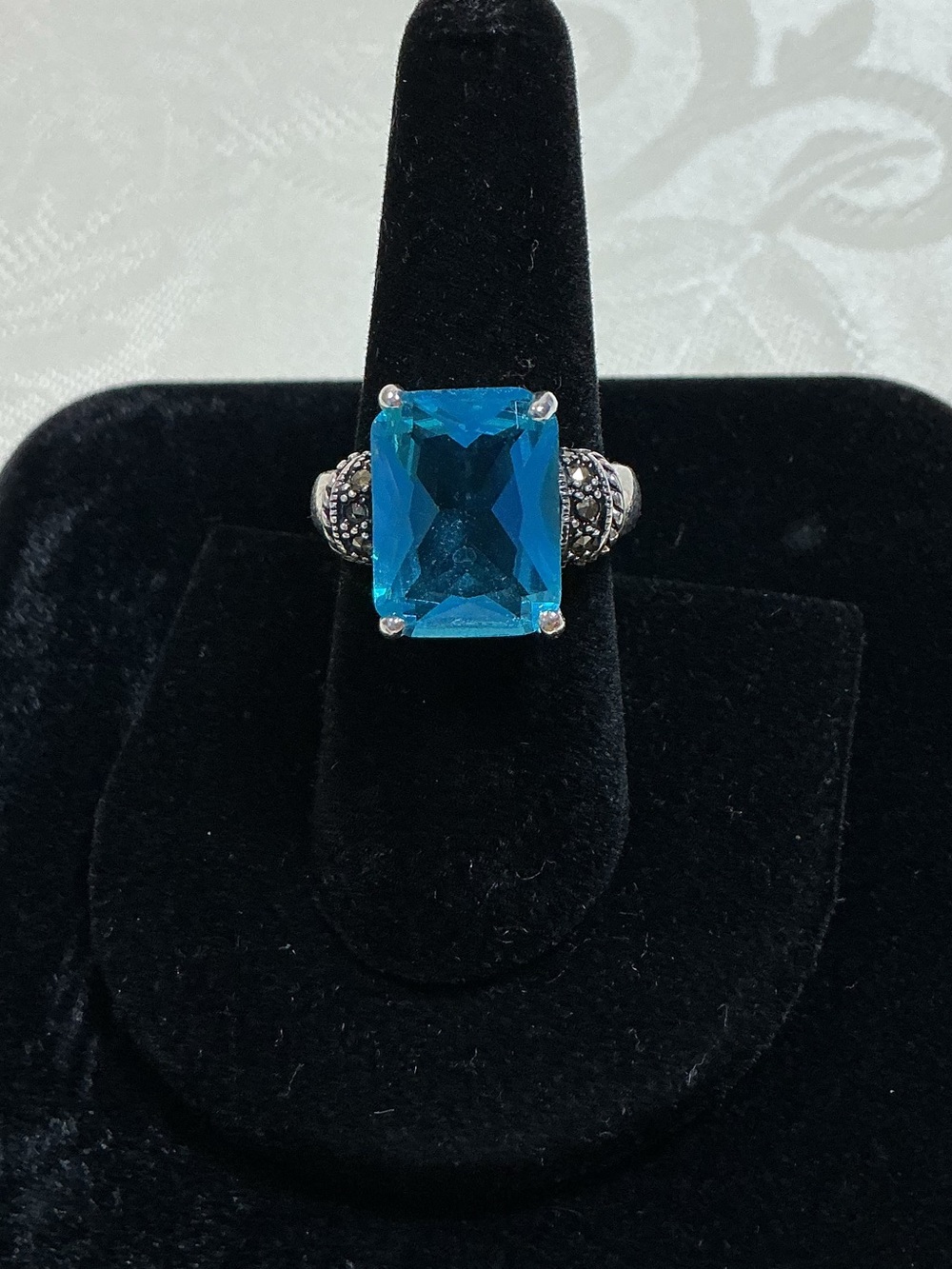 Swiss Blue Topaz Genuine Marcasite Art Deco Sterling Silver Cocktail Ring